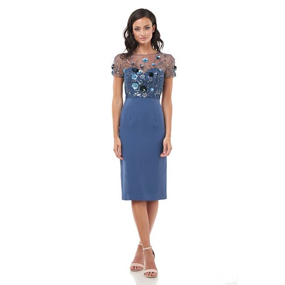 JS Collections Beaded Bodice Crepe Mineral Blue Midi Sheath Dress Women Size 10 - Picture 1 of 16
